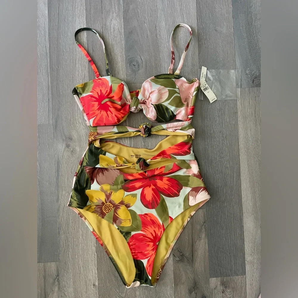 aerie Floral Bandeau One-Piece Swimsuit in Olive, Coral, Pink